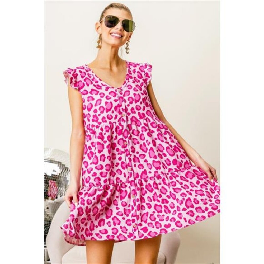 ✨NWT BiBi Leopard Cap Sleeve Tiered Mini‎ Dress